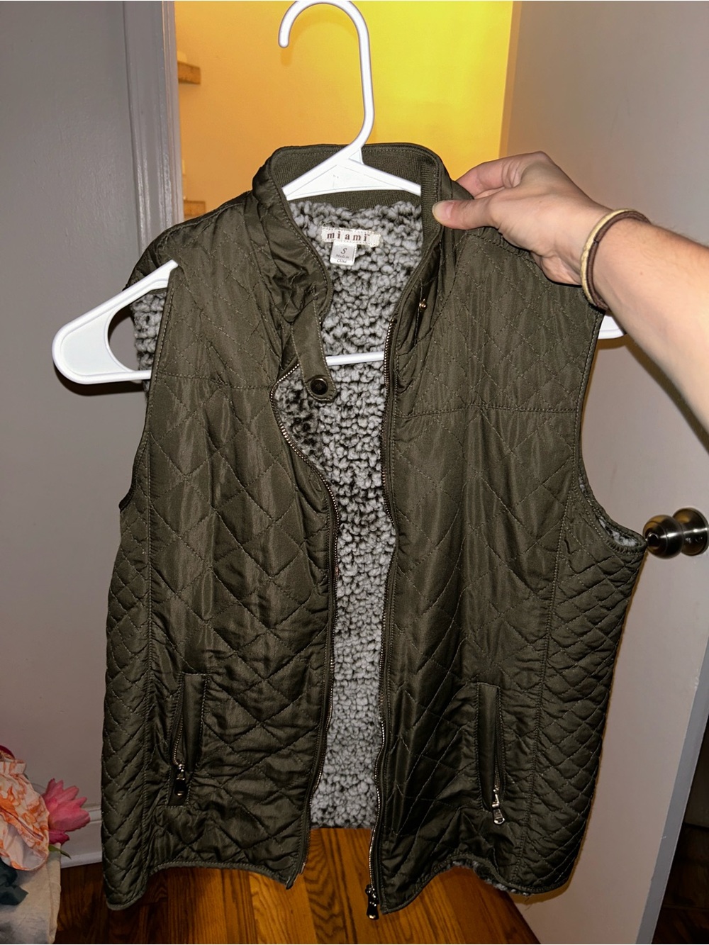 Francesca’s Quilted Faux-Sherpa Lined Olive Vest